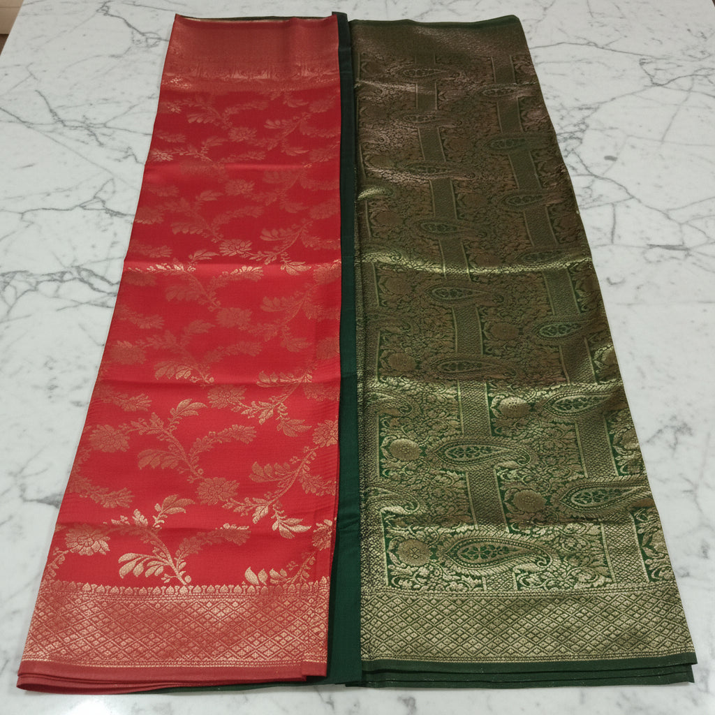 Banarasi Pure Silk Saree with luxurious Gold Zari Floral Buttas all over the saree and Pallu in Red Green Color