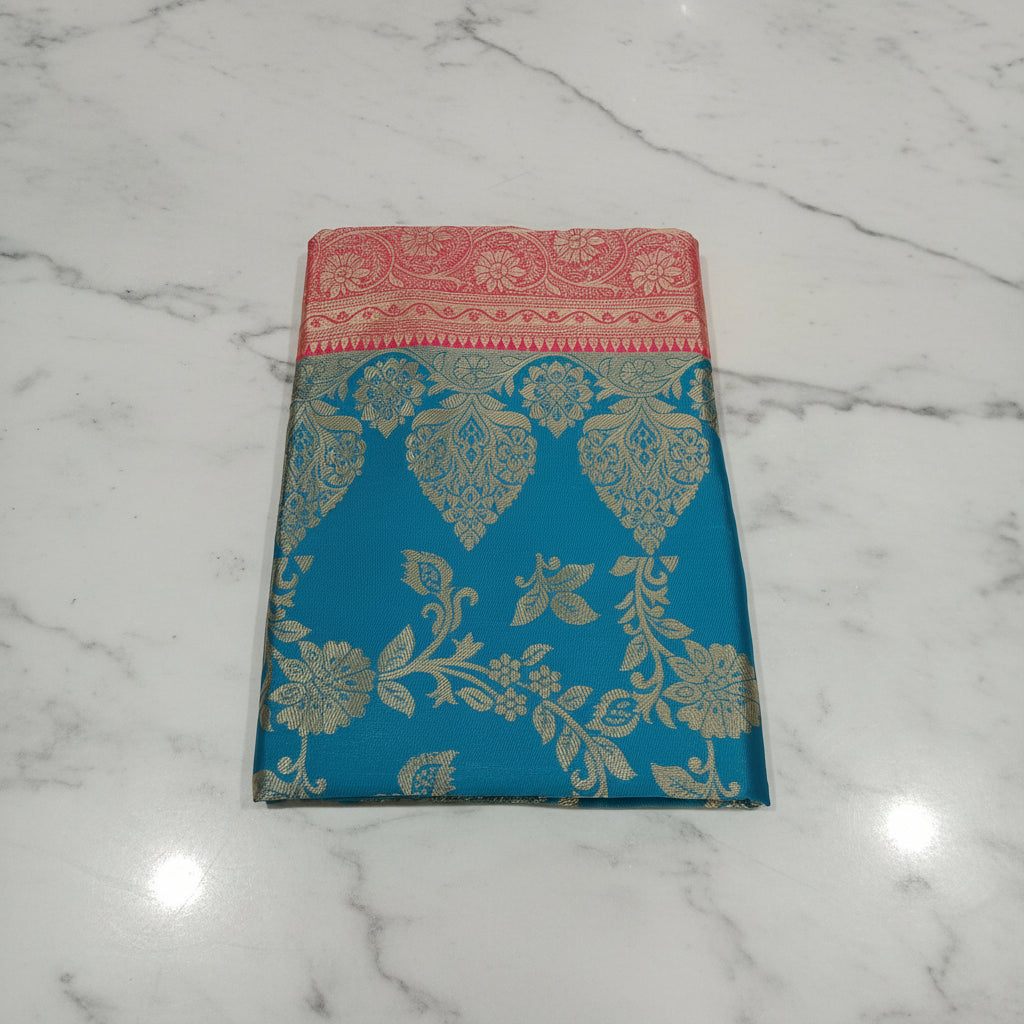 Banarasi Pure Silk Saree with luxurious Gold Zari Floral Buttas all over the saree and Pallu with leaf pattern in Aqua Blue Green Color