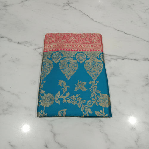 Banarasi Pure Silk Saree with luxurious Gold Zari Floral Buttas all over the saree and Pallu with leaf pattern in Aqua Blue Green Color