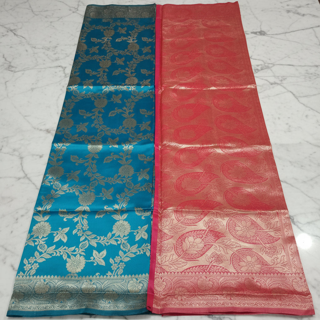 Banarasi Pure Silk Saree with luxurious Gold Zari Floral Buttas all over the saree and Pallu with leaf pattern in Aqua Blue Green Color