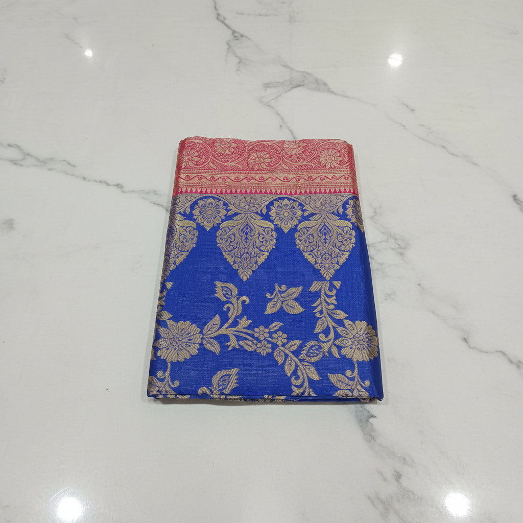 Banarasi Pure Silk Saree with luxurious Gold Zari Floral Buttas all over the saree and Pallu with leaf pattern in Royal Blue Red Color