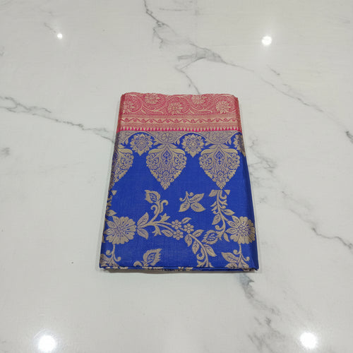 Banarasi Pure Silk Saree with luxurious Gold Zari Floral Buttas all over the saree and Pallu with leaf pattern in Royal Blue Red Color