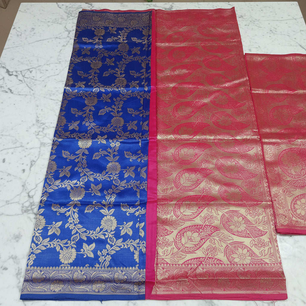 Banarasi Pure Silk Saree with luxurious Gold Zari Floral Buttas all over the saree and Pallu with leaf pattern in Royal Blue Red Color