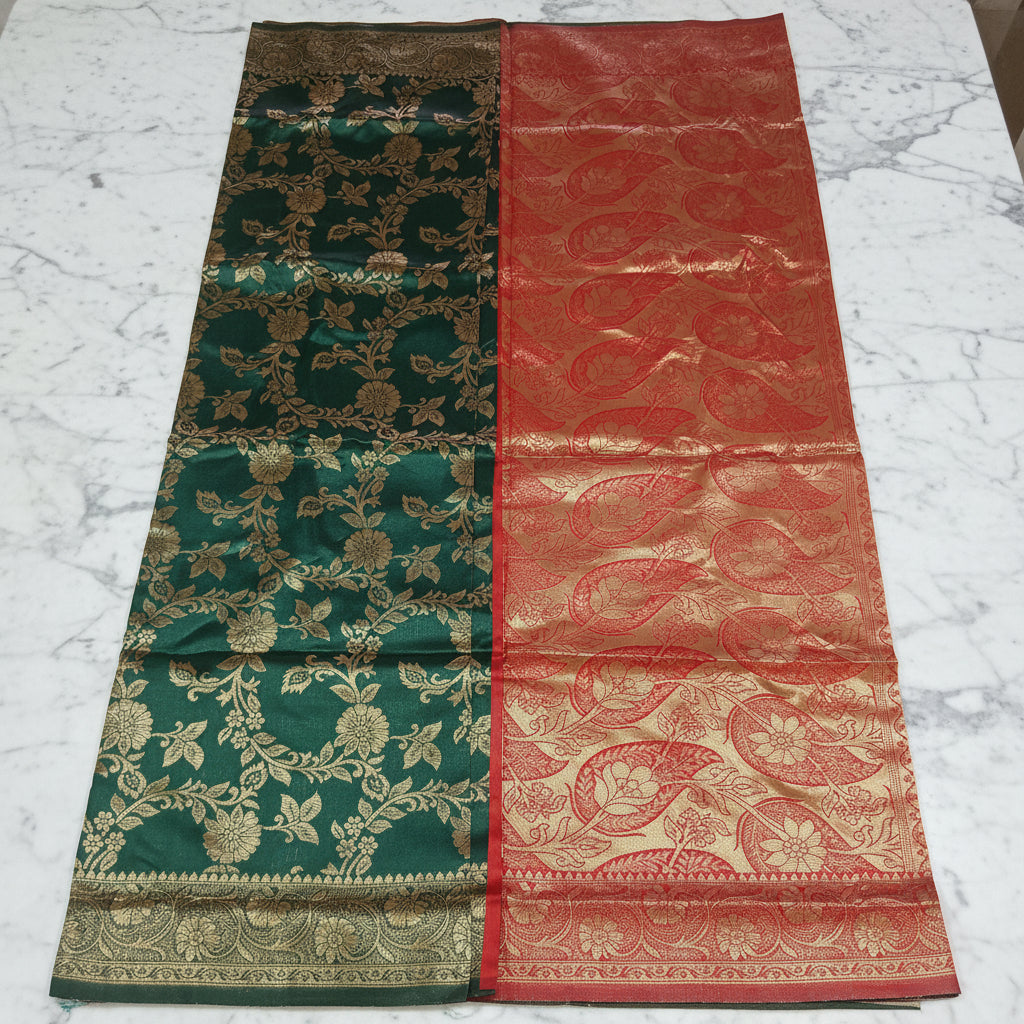 Banarasi Pure Silk Saree with luxurious Gold Zari Floral Buttas all over the saree and Pallu with leaf pattern in Leaf Green Red Color