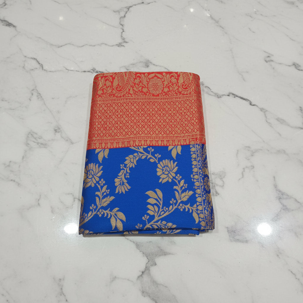 Banarasi Pure Silk Saree with luxurious Gold Zari Floral Buttas all over the saree and Pallu in Royal Blue Red Color