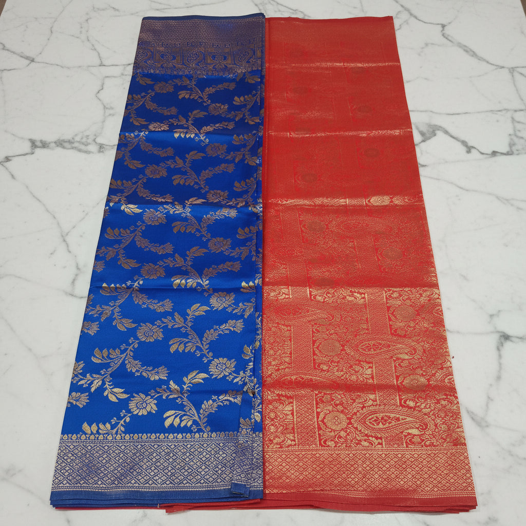 Banarasi Pure Silk Saree with luxurious Gold Zari Floral Buttas all over the saree and Pallu in Royal Blue Red Color