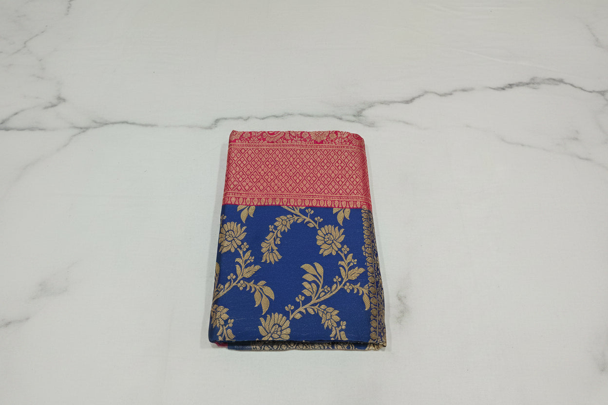 Banarasi Pure Silk Saree with luxurious Gold Zari Floral Buttas all over the saree and Pallu in Navy Blue Red Color