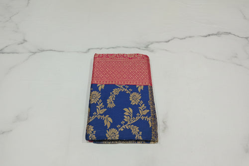 Banarasi Pure Silk Saree with luxurious Gold Zari Floral Buttas all over the saree and Pallu in Navy Blue Red Color