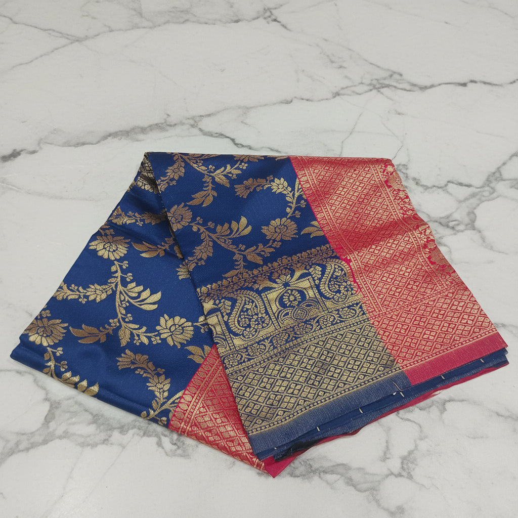 Banarasi Pure Silk Saree with luxurious Gold Zari Floral Buttas all over the saree and Pallu in Navy Blue Red Color