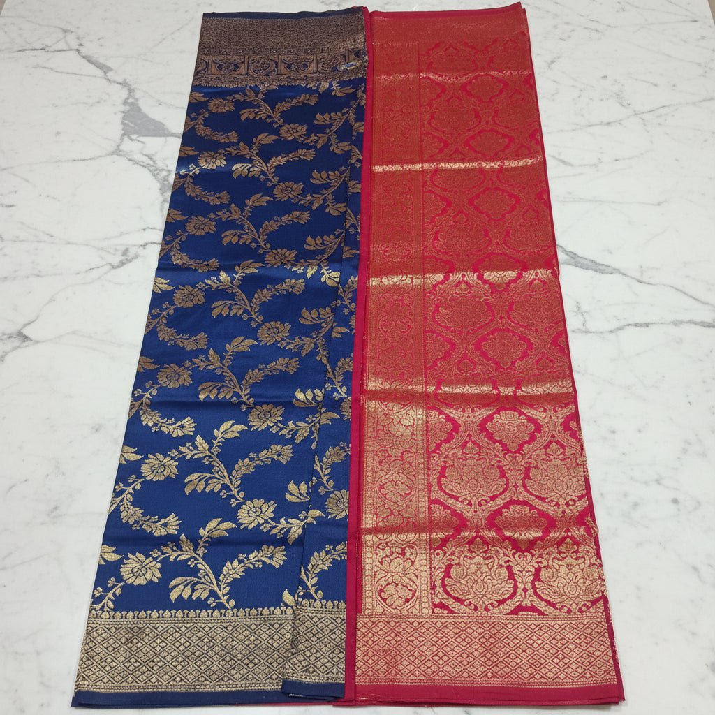 Banarasi Pure Silk Saree with luxurious Gold Zari Floral Buttas all over the saree and Pallu in Navy Blue Red Color