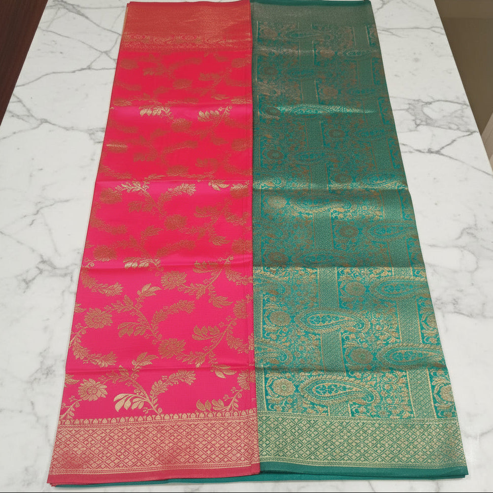 Banarasi Pure Silk Saree with luxurious Gold Zari Floral Buttas all over the saree and Pallu in Royal Pink and Green Color