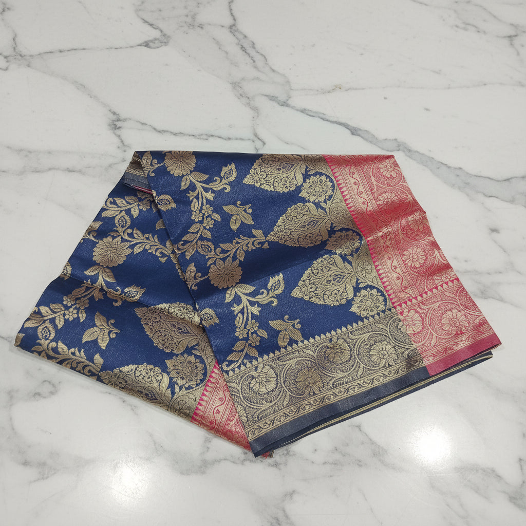 Banarasi Pure Silk Saree with luxurious Gold Zari Floral Buttas all over the saree and Pallu with leaf pattern in Navy Blue Red Color