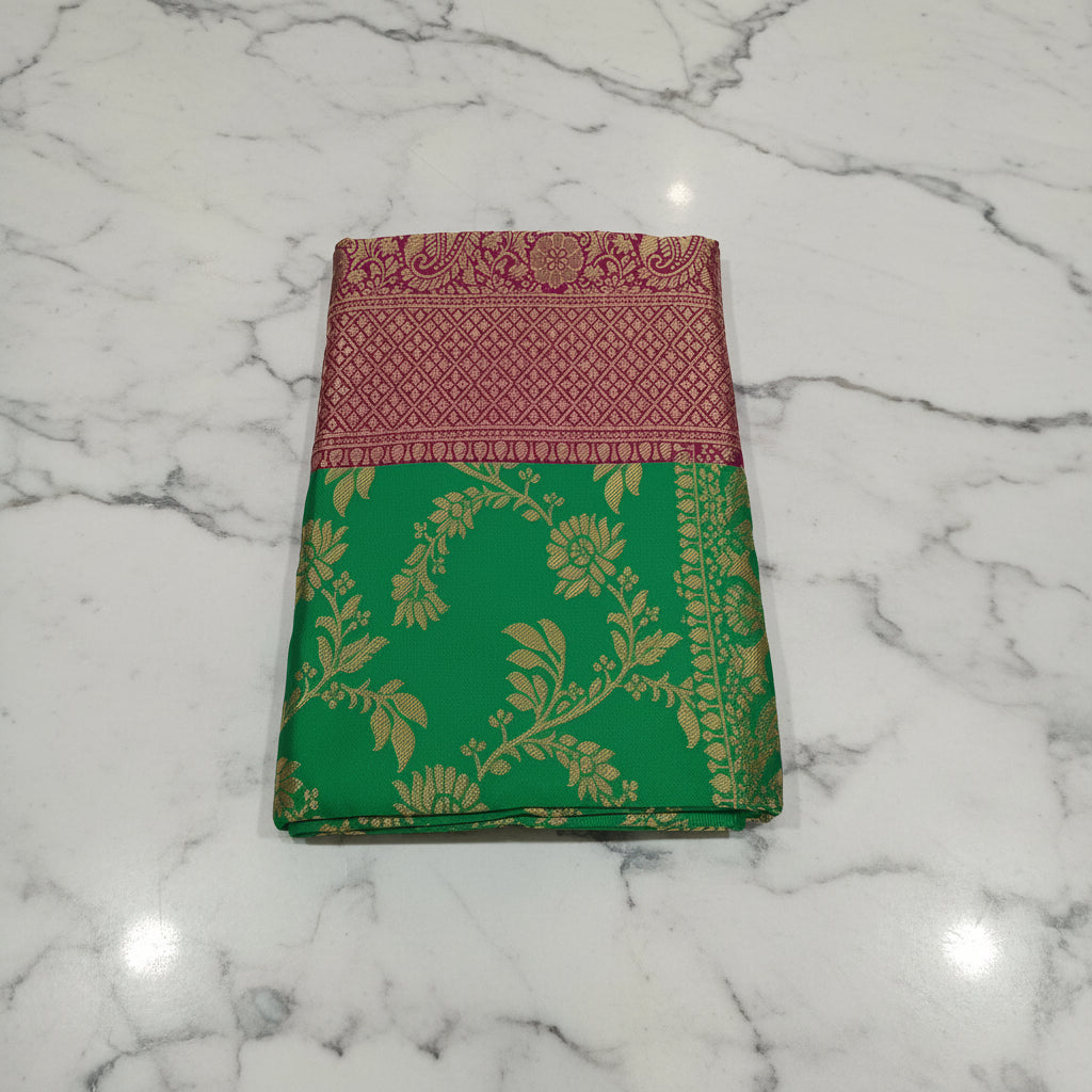 Banarasi Pure Silk Saree with luxurious Gold Zari Floral Buttas all over the saree and Pallu in Leaf Green and Maroon  Color