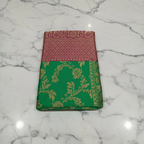 Banarasi Pure Silk Saree with luxurious Gold Zari Floral Buttas all over the saree and Pallu in Leaf Green and Maroon  Color
