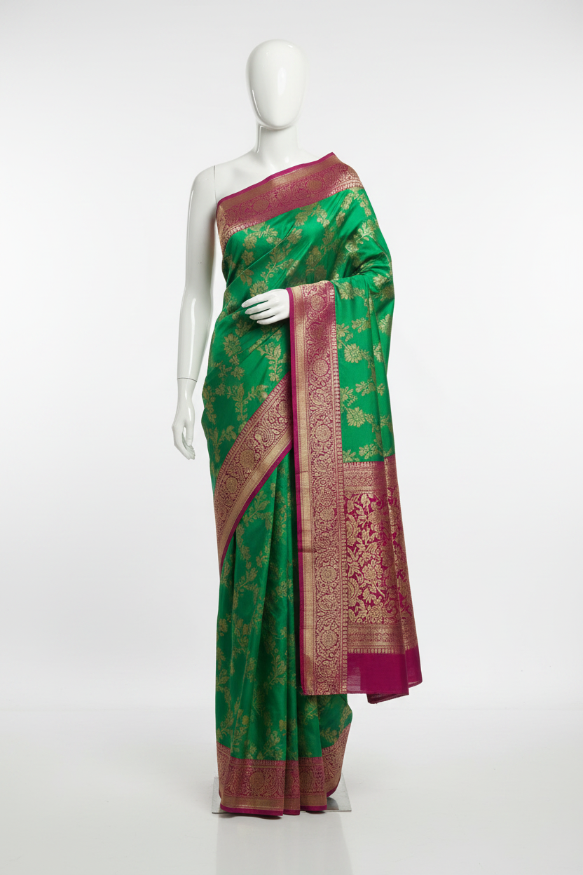 Leaf Green Banarasi silk saree draped — Swan Silks