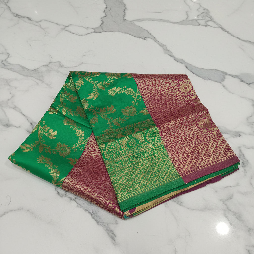 Banarasi Pure Silk Saree with luxurious Gold Zari Floral Buttas all over the saree and Pallu in Leaf Green and Maroon  Color