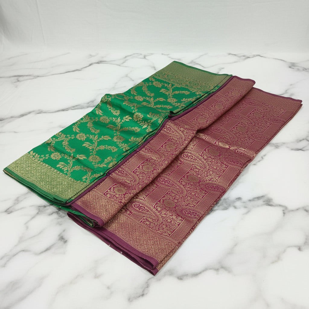 Banarasi Pure Silk Saree with luxurious Gold Zari Floral Buttas all over the saree and Pallu in Leaf Green and Maroon  Color