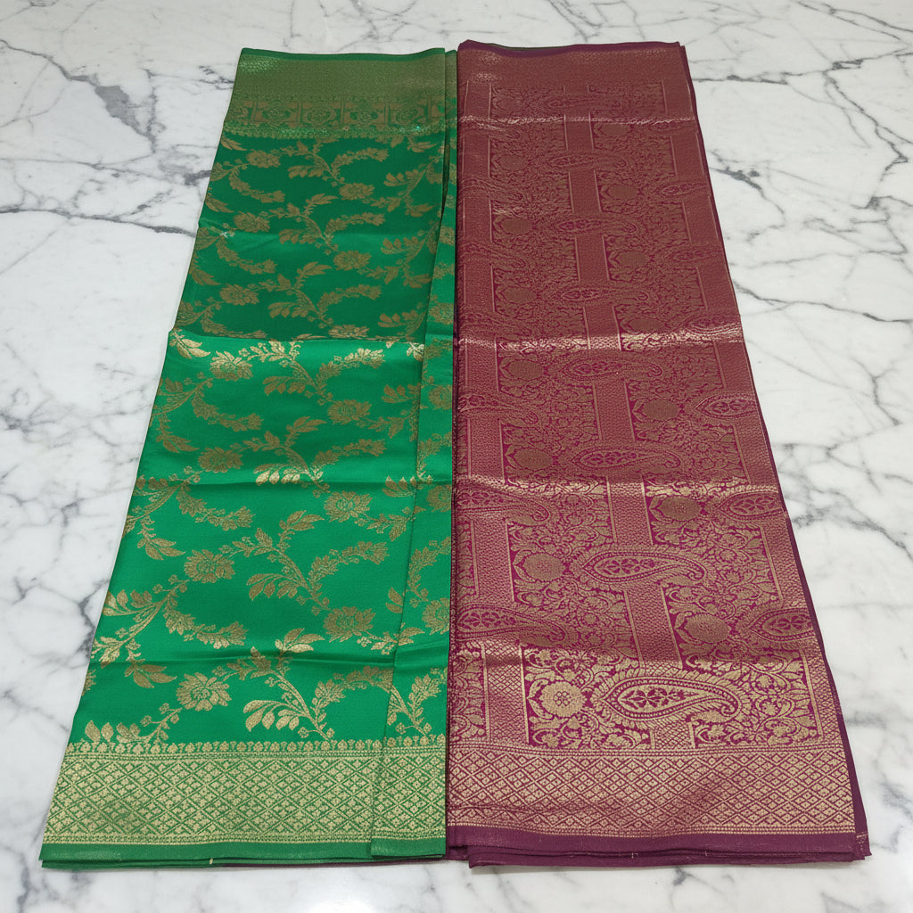 Banarasi Pure Silk Saree with luxurious Gold Zari Floral Buttas all over the saree and Pallu in Leaf Green and Maroon  Color