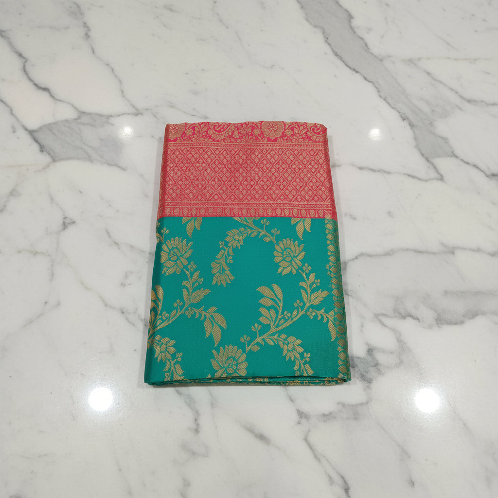 Banarasi Pure Silk Saree with luxurious Gold Zari Floral Buttas all over the saree and Pallu in Aqua Green and Reddish Pink Color