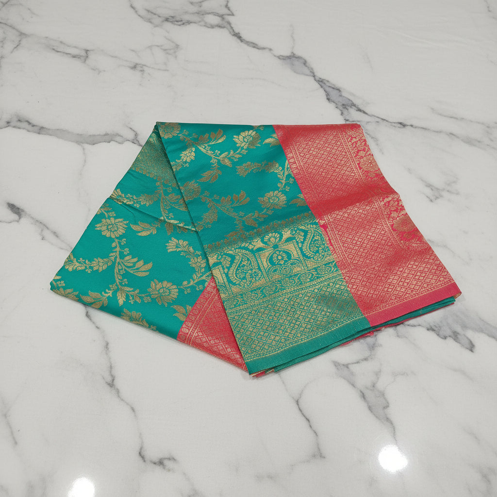 Banarasi Pure Silk Saree with luxurious Gold Zari Floral Buttas all over the saree and Pallu in Aqua Green and Reddish Pink Color