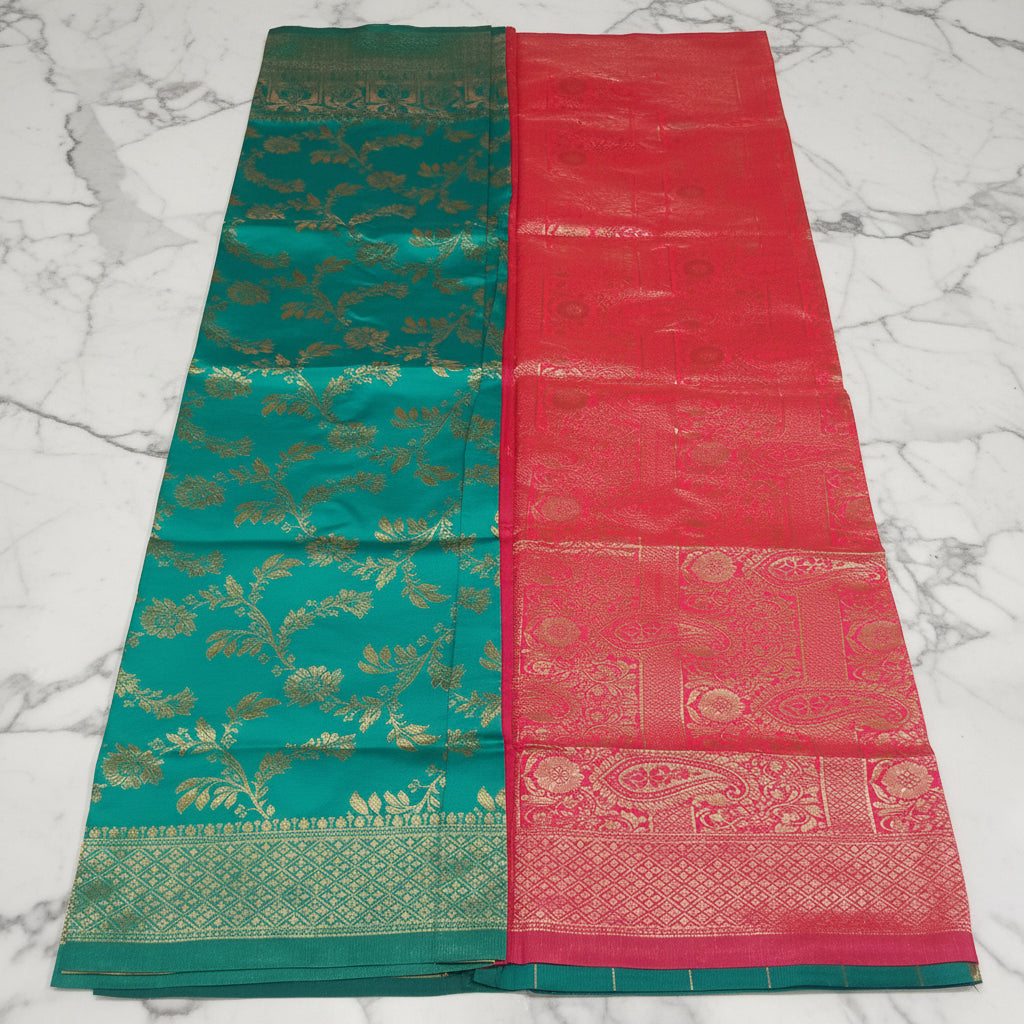 Banarasi Pure Silk Saree with luxurious Gold Zari Floral Buttas all over the saree and Pallu in Aqua Green and Reddish Pink Color