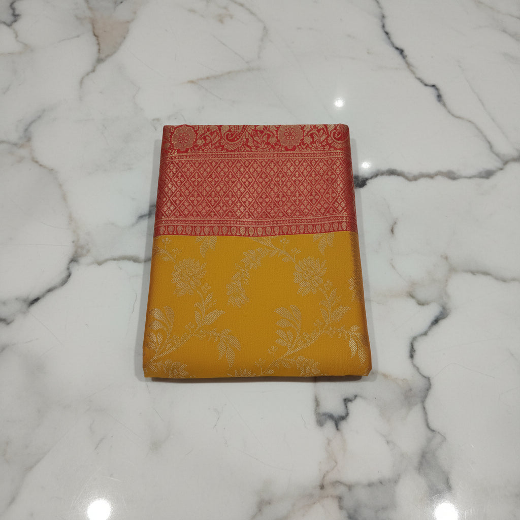 Banarasi Pure Silk Saree with luxurious Gold Zari Floral Buttas all over the saree and Pallu in Yellow and Dark Red Color