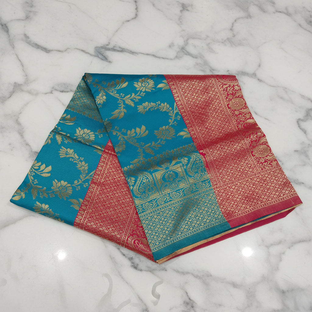 Banarasi Pure Silk Saree with luxurious Gold Zari Floral Buttas all over the saree and Pallu in Turquoise Blue and Red Color