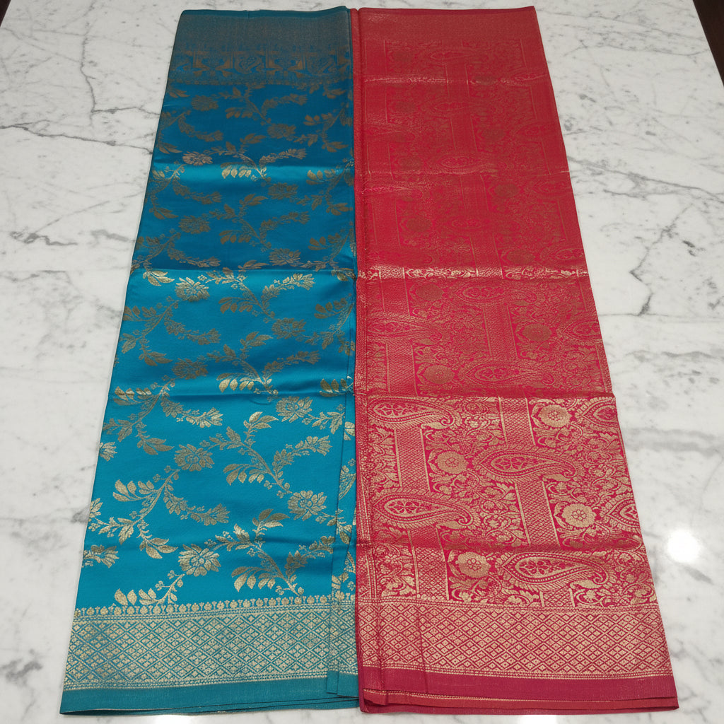 Banarasi Pure Silk Saree with luxurious Gold Zari Floral Buttas all over the saree and Pallu in Turquoise Blue and Red Color