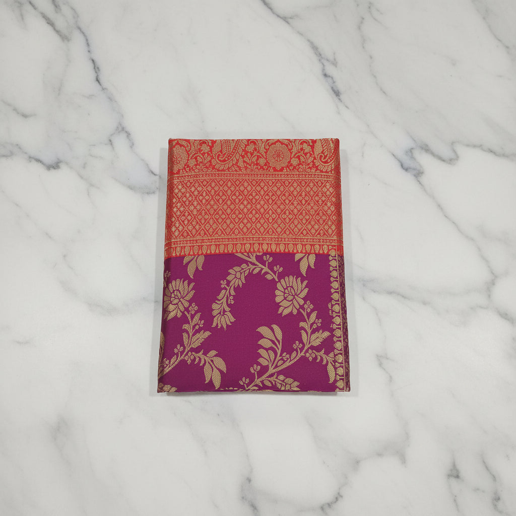 Banarasi Pure Silk Saree with luxurious Gold Zari Floral Buttas all over the saree and Pallu in Dark Pink and Orangish Red Color