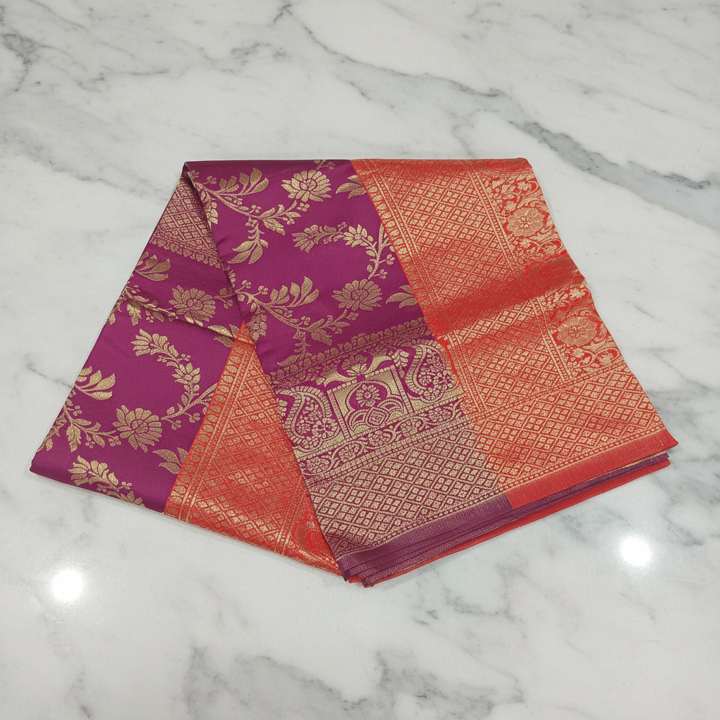 Banarasi Pure Silk Saree with luxurious Gold Zari Floral Buttas all over the saree and Pallu in Dark Pink and Orangish Red Color