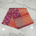Banarasi Pure Silk Saree with luxurious Gold Zari Floral Buttas all over the saree and Pallu in Dark Pink and Orangish Red Color