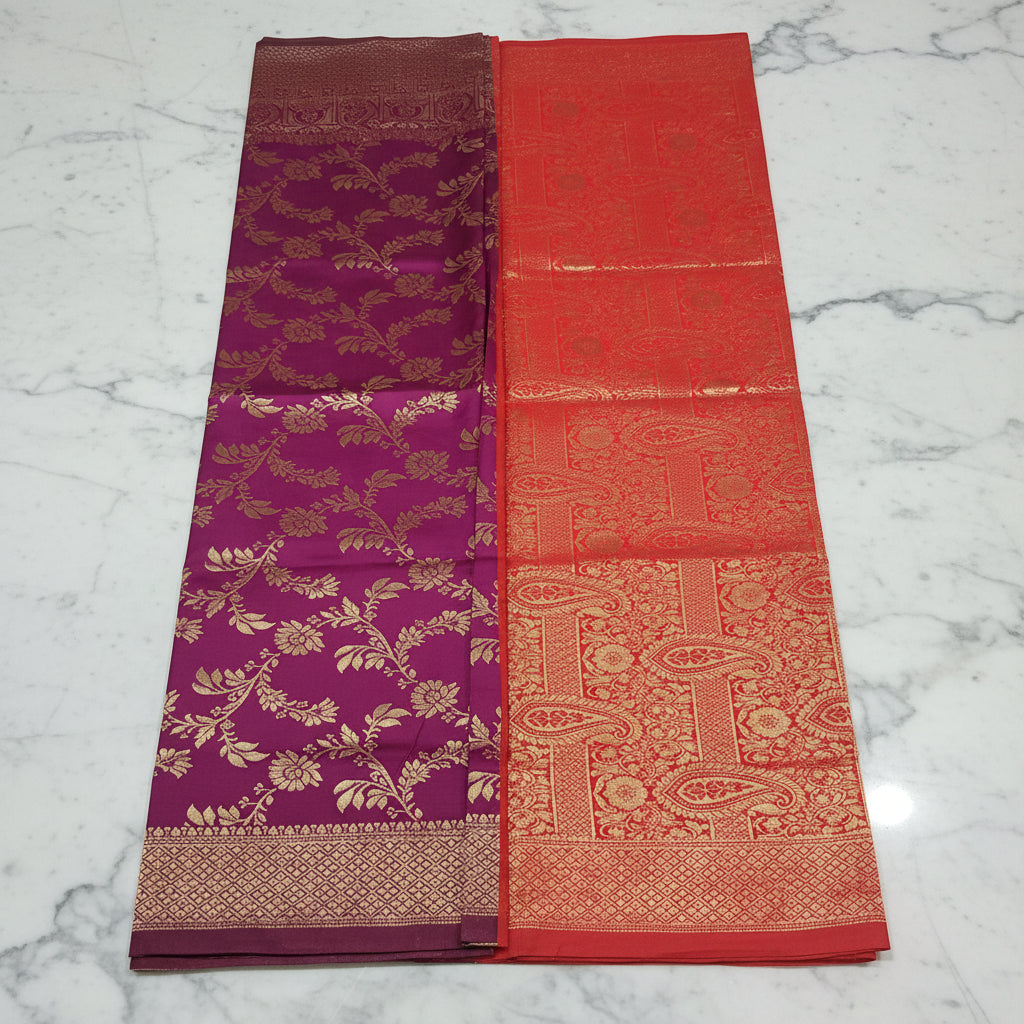 Banarasi Pure Silk Saree with luxurious Gold Zari Floral Buttas all over the saree and Pallu in Dark Pink and Orangish Red Color