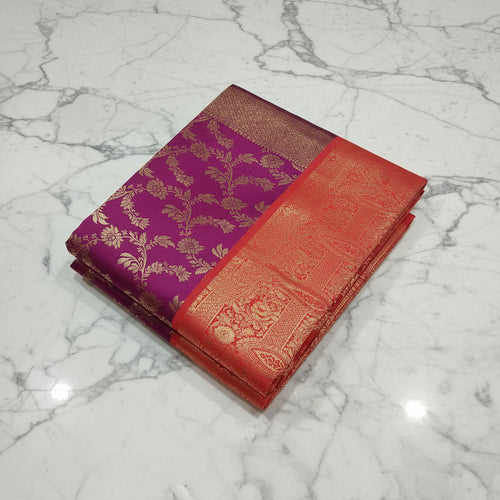 Banarasi Pure Silk Saree with luxurious Gold Zari Floral Buttas all over the saree and Pallu in Dark Pink and Orangish Red Color