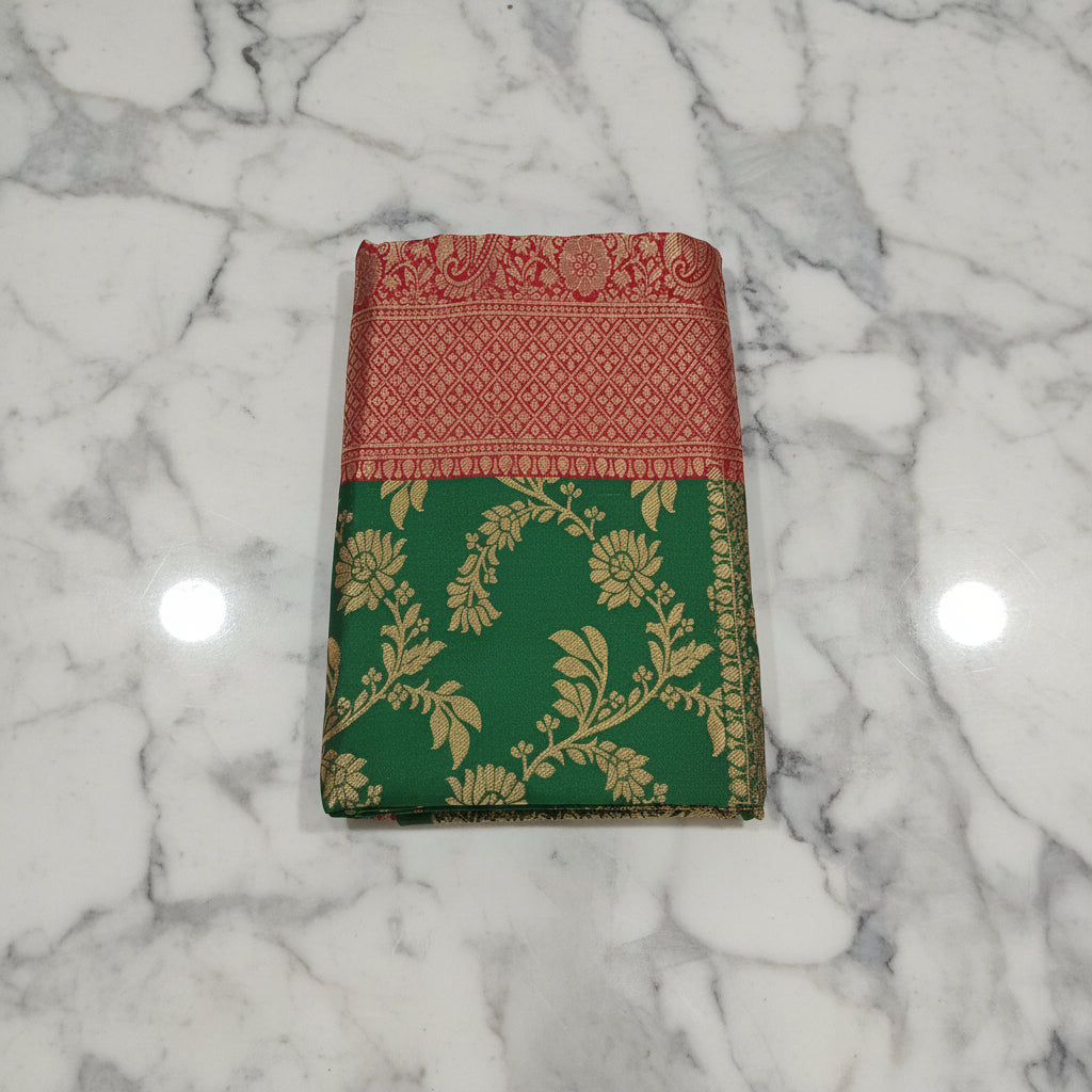 Banarasi Pure Silk Saree with luxurious Gold Zari Floral Buttas all over the saree and Pallu in Green and Red Color