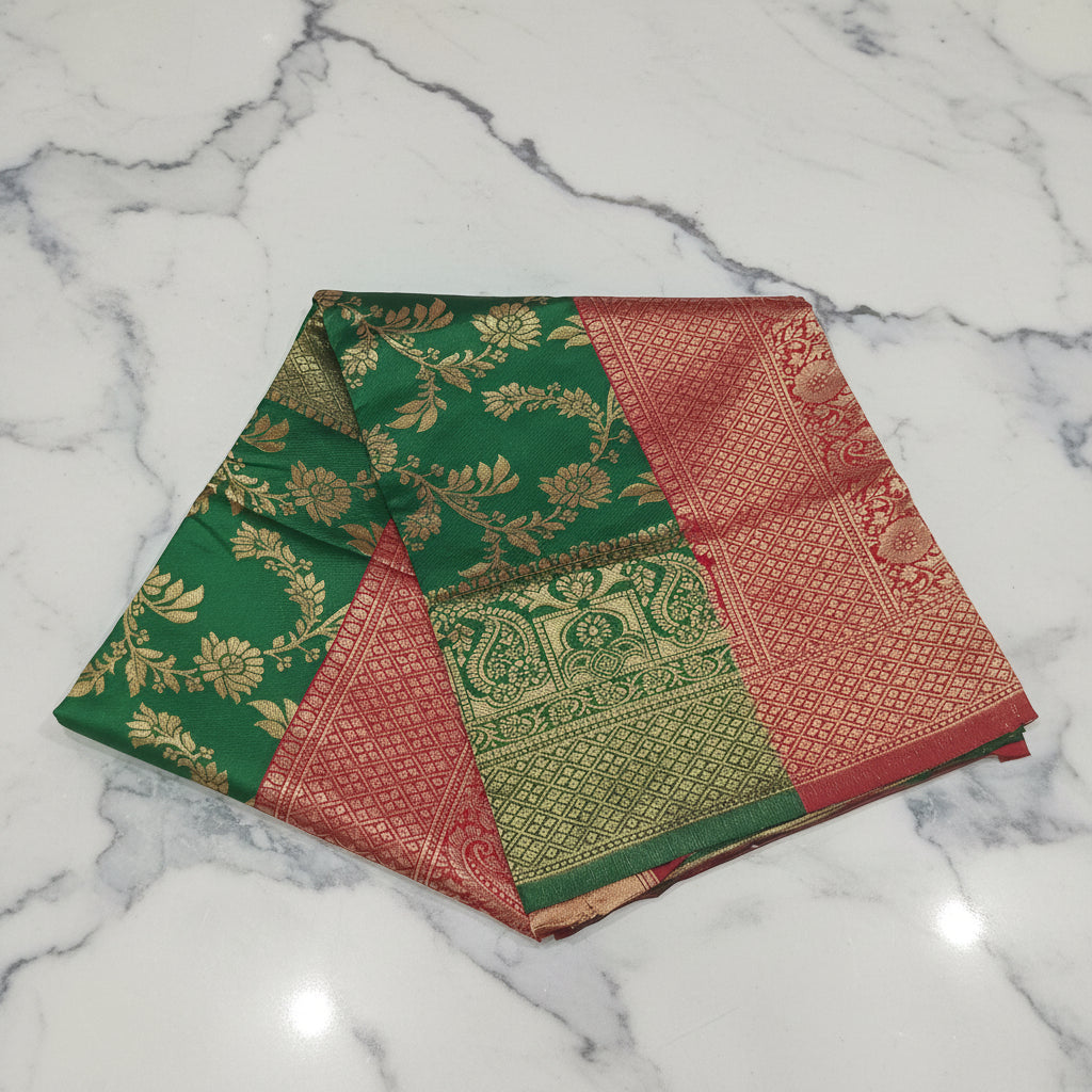 Banarasi Pure Silk Saree with luxurious Gold Zari Floral Buttas all over the saree and Pallu in Green and Red Color