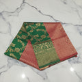 Banarasi Pure Silk Saree with luxurious Gold Zari Floral Buttas all over the saree and Pallu in Green and Red Color