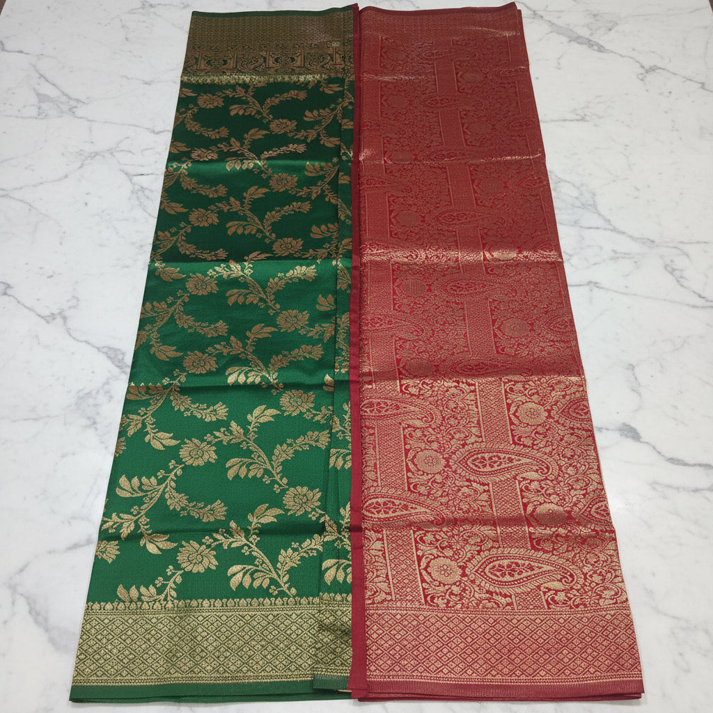 Banarasi Pure Silk Saree with luxurious Gold Zari Floral Buttas all over the saree and Pallu in Green and Red Color