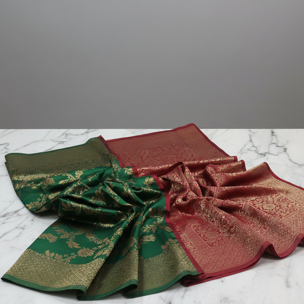 Banarasi Pure Silk Saree with luxurious Gold Zari Floral Buttas all over the saree and Pallu in Green and Red Color