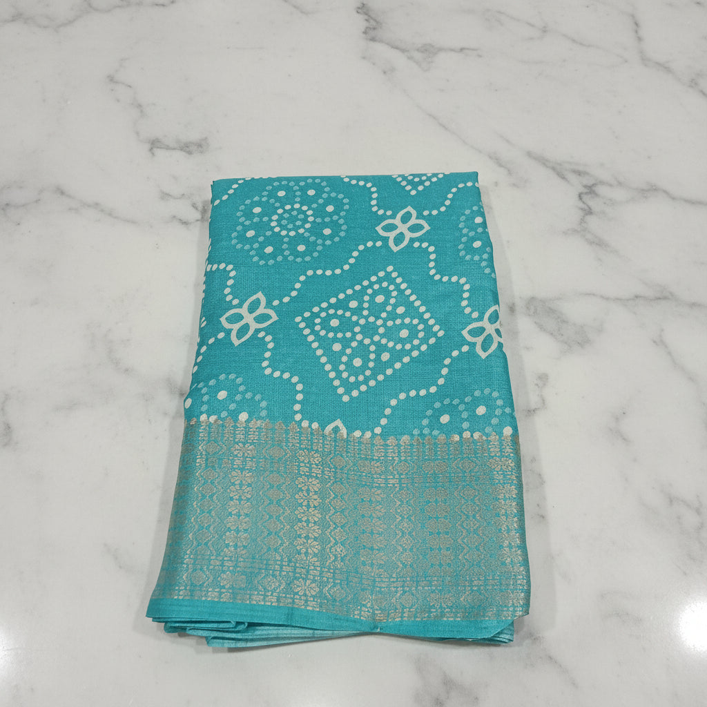 Cotton Polyester Trendy Modern Saree with Flowy Drape in Flower Printed Pattern in Sky Blue Color