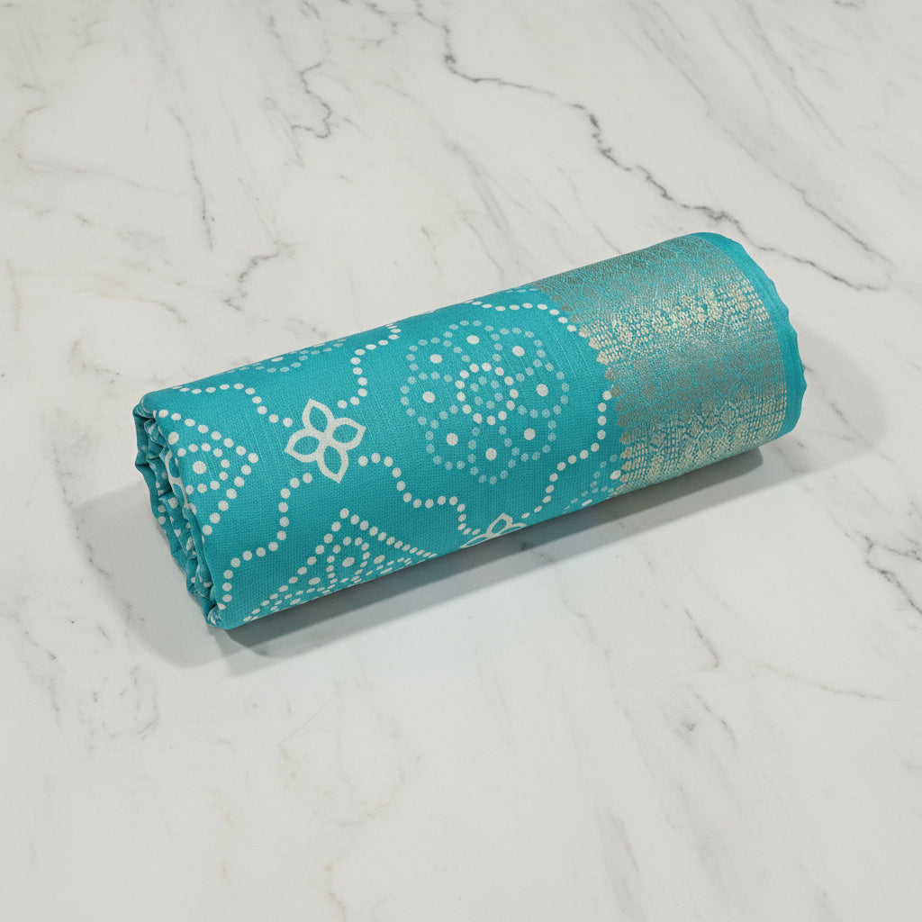 Cotton Polyester Trendy Modern Saree with Flowy Drape in Flower Printed Pattern in Sky Blue Color