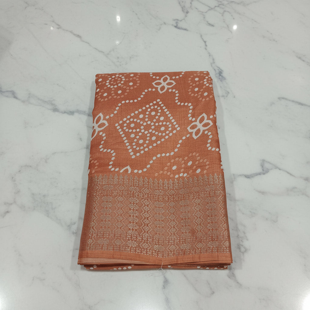 Cotton Polyester Trendy Modern Saree with Flowy Drape in Flower Printed Pattern in Light Brown  Color