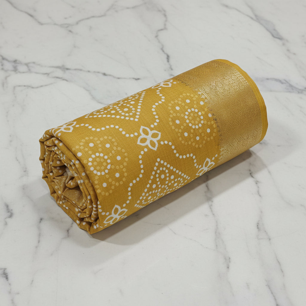 Cotton Polyester Trendy Modern Saree with Flowy Drape in Flower Printed Pattern in Light Yellow Color