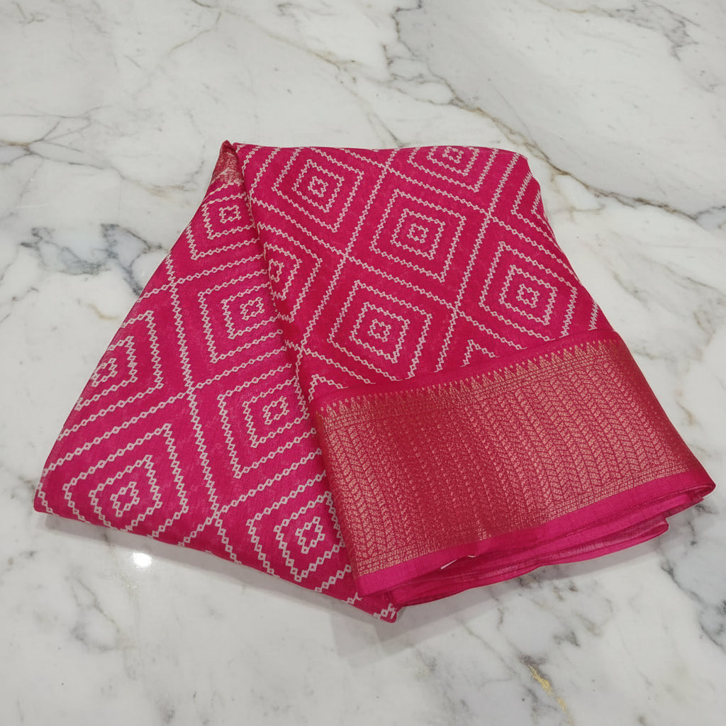 Cotton Polyester Trendy Modern Saree with Flowy Drape in Geometric Diamond Printed Pattern in Pink Color