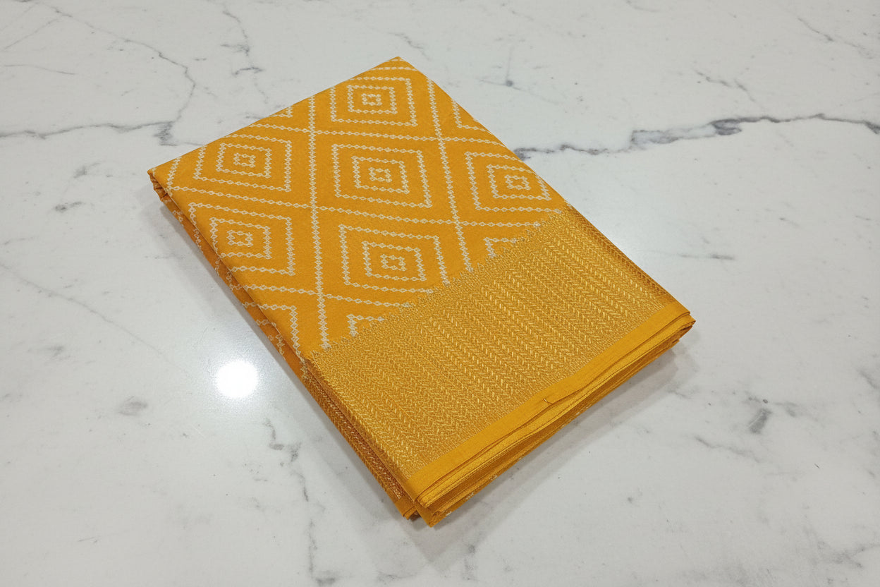 Cotton Polyester Trendy Modern Saree with Flowy Drape in Geometric Diamond Printed Pattern in Yellow Color