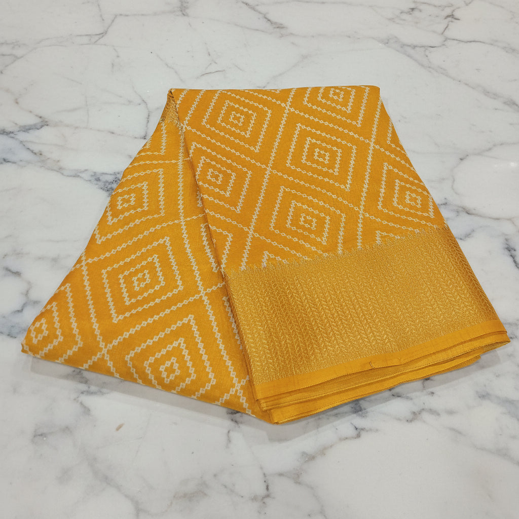 Cotton Polyester Trendy Modern Saree with Flowy Drape in Geometric Diamond Printed Pattern in Yellow Color
