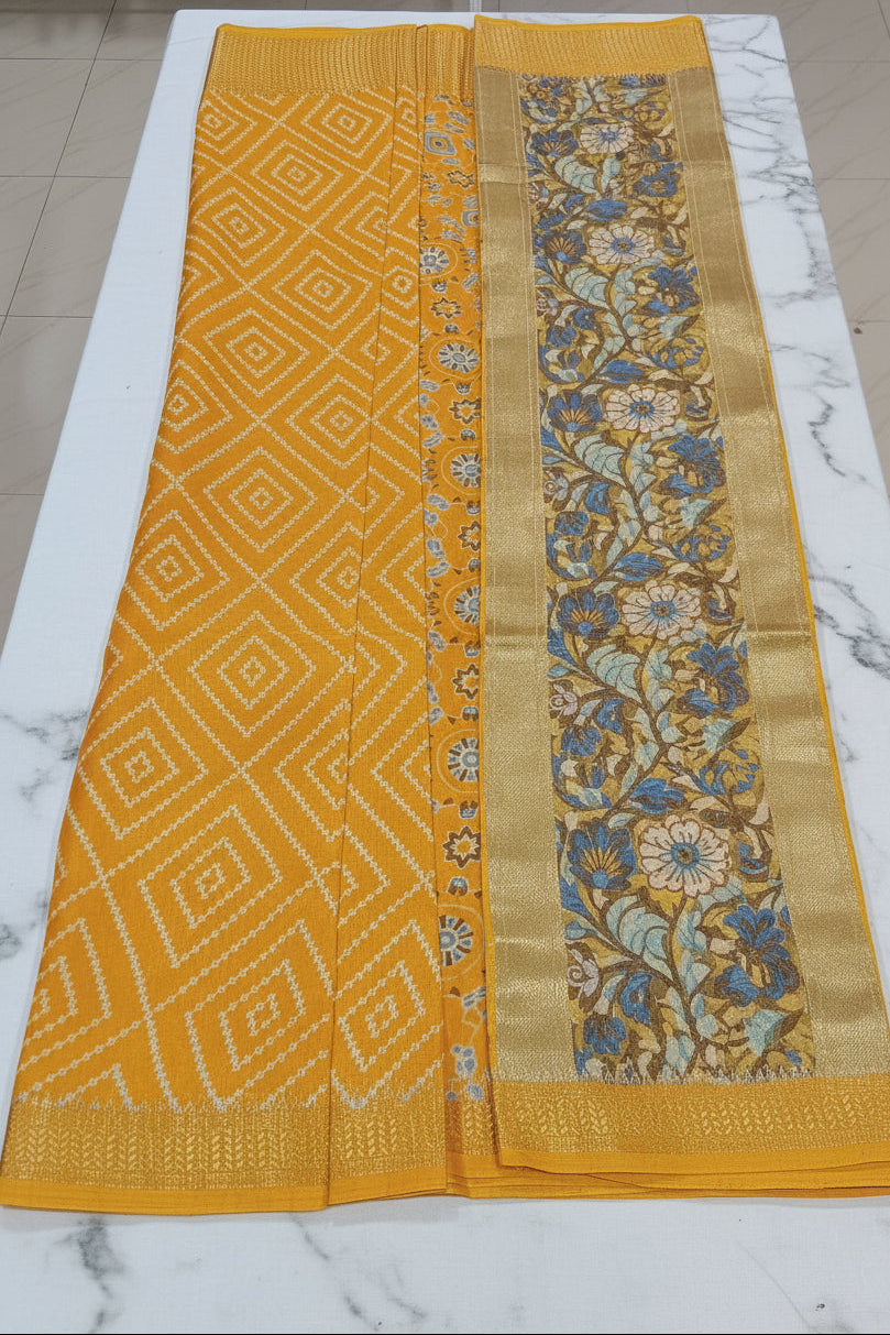 Cotton Polyester Trendy Modern Saree with Flowy Drape in Geometric Diamond Printed Pattern in Yellow Color
