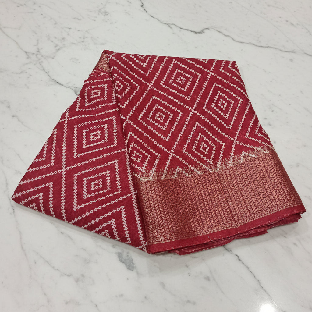 Cotton Polyester Trendy Modern Saree with Flowy Drape in Geometric Diamond Printed Pattern in Maroon Color