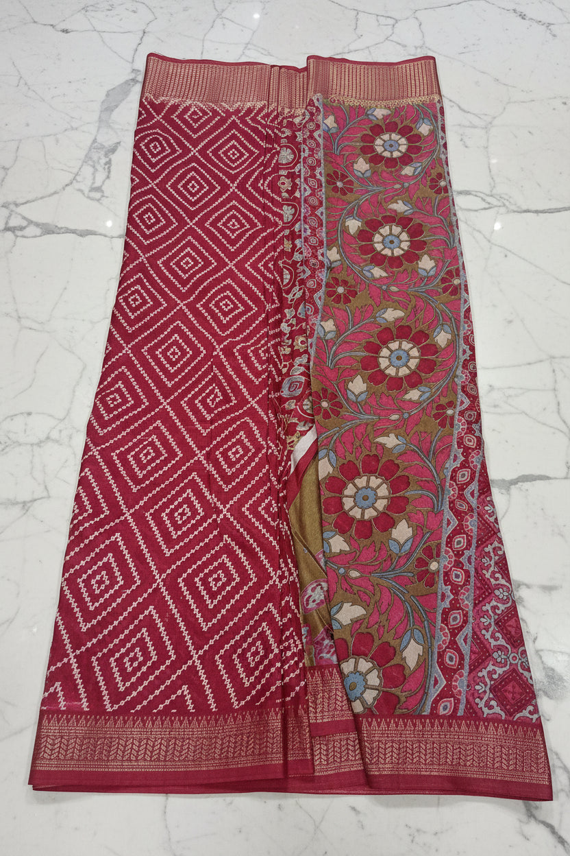 Cotton Polyester Trendy Modern Saree with Flowy Drape in Geometric Diamond Printed Pattern in Maroon Color