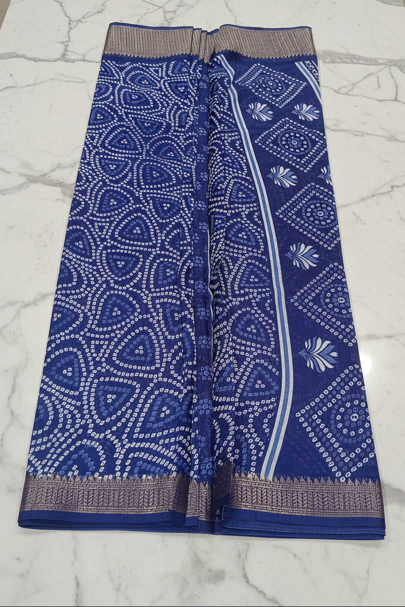 Cotton Polyester Trendy Modern Saree with Flowy Drape in Geometric Dot Printed Pattern in Royal Blue Color