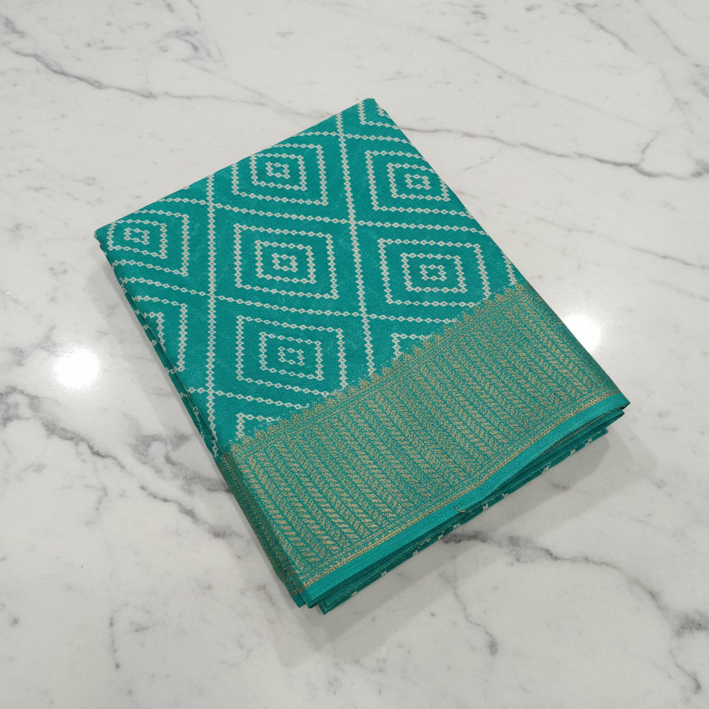 Cotton Polyester Trendy Modern Saree with Flowy Drape in Geometric Diamond Printed Pattern in Light Green Color